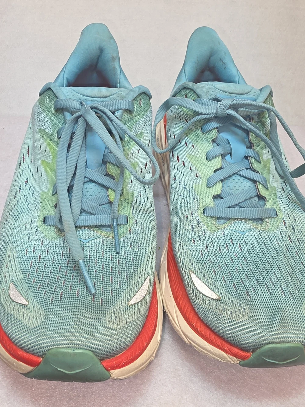 Hoka Clifton Teal Blue Running Shoes with Coral Accent size 7D